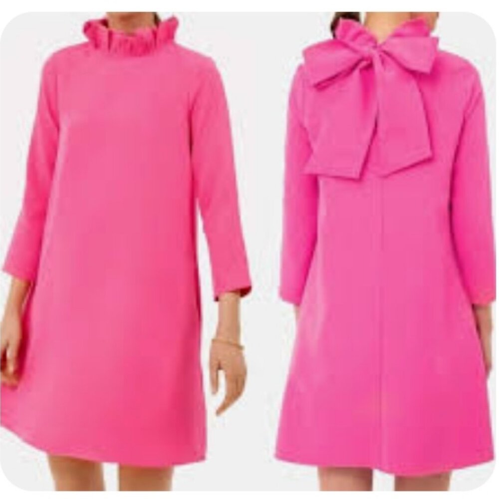 Tuckernuck Hot Pink Long-Sleeve Ruffle Neck Bow-Back Dress